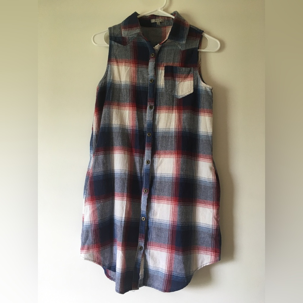 Blue and Red Plaid Sleeveless Dress - S